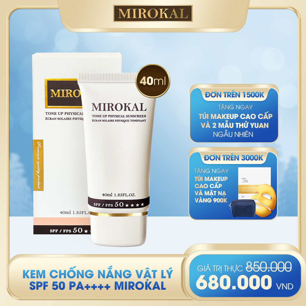 [YEAR END SALE][MIROKAL] KEM CHỐNG NẮNG VẬT LÝ NÂNG TÔNG DA & CHE KHUYẾT ĐIỂM SPF 50 PA++++