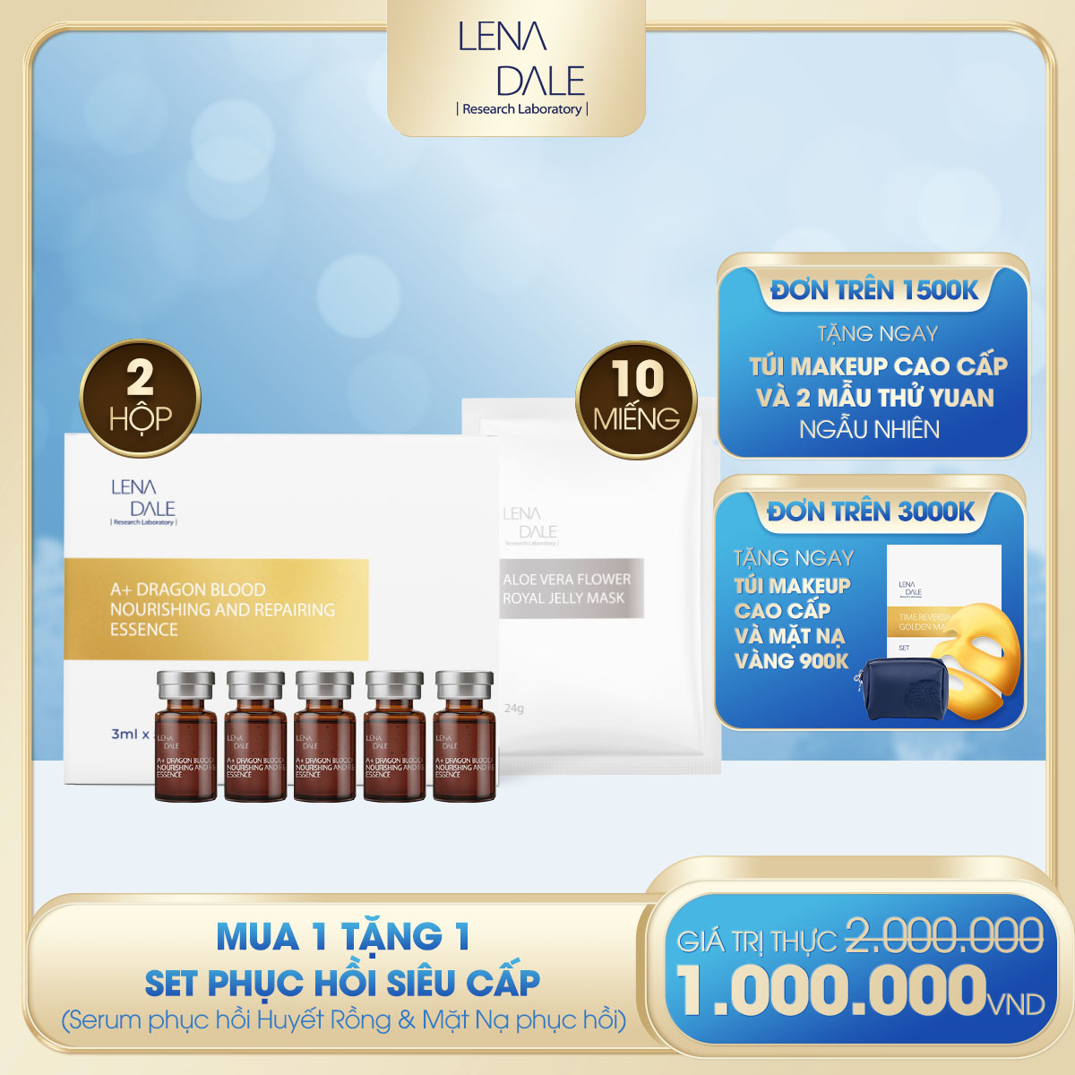 [LENA DALE] MUA 1 TẶNG 1 SET PHỤC HỒI VÀ NUÔI DƯỠNG (SERUM NUÔI DƯỠNG & PHỤC HỒI DA CHIẾT XUẤT HUYẾT RỒNG VÀ 5 MIẾNG MẶT NẠ PHỤC HỒI TINH CHẤT MẬT HOA NHA ĐAM)
