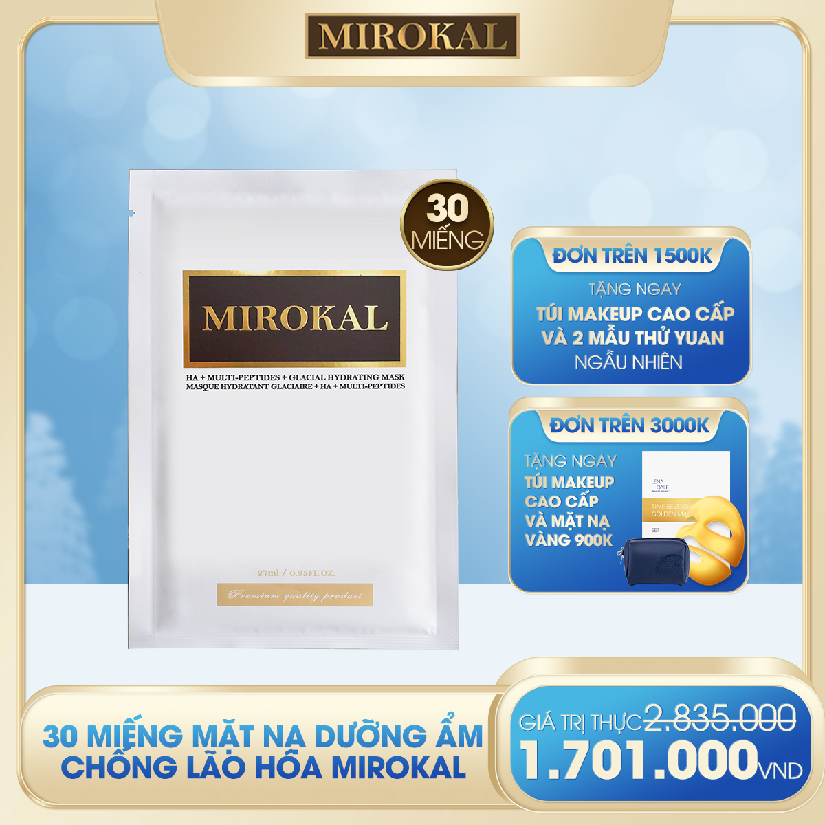 [YEAR END SALE][MIROKAL] 3 SET 10 MẶT NẠ DƯỠNG ẨM CHỐNG LÃO HOÁ VỚI TINH CHẤT KHOÁNG BIỂN BĂNG (30 MIẾNG)